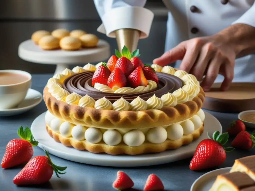 Un maestro pastelero experto en una panadería italiana tradicional, creando una obra maestra de tiramisú