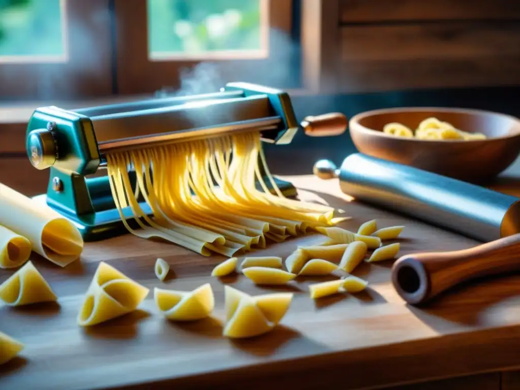 Un maestro pastelero experto cortando pasta rodeado de herramientas tradicionales en una cocina rústica