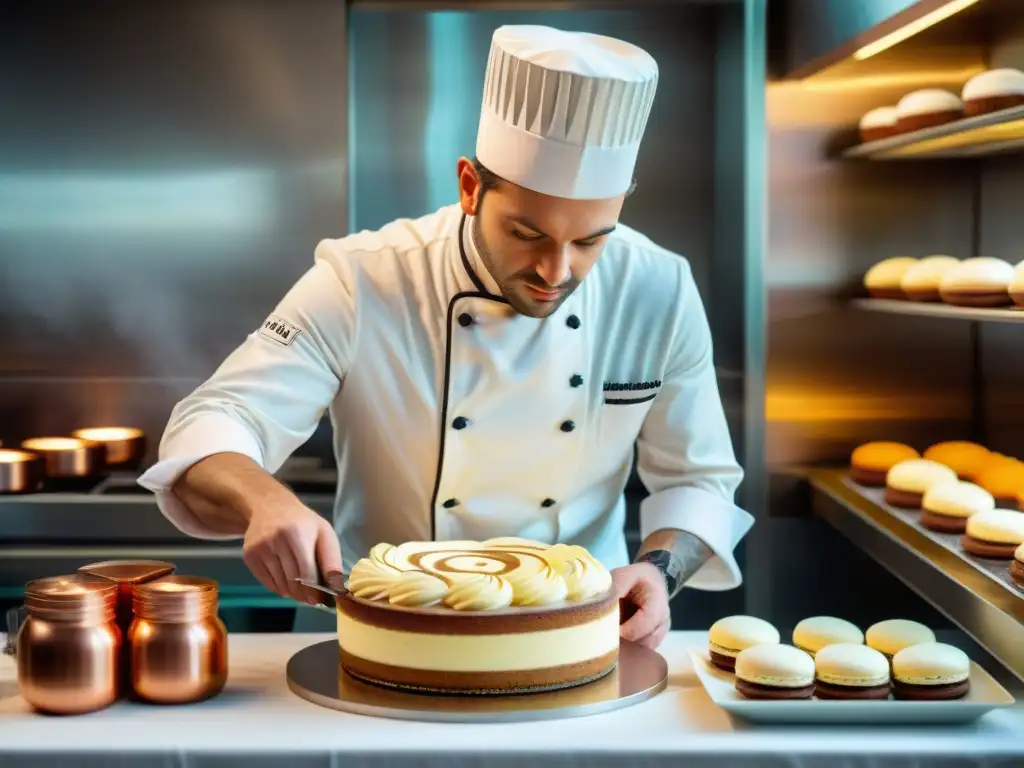 Un maestro pastelero francés creando un delicado tiramisú, mezclando técnicas de pastelería italiana y francesa