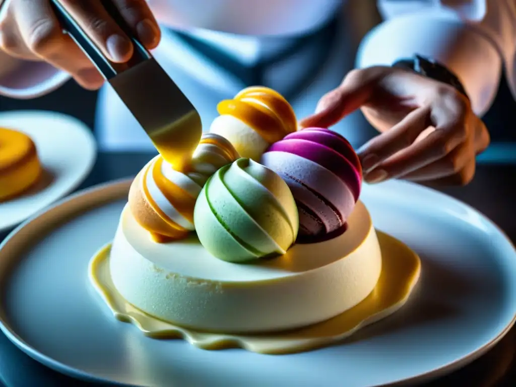 Un maestro pastelero crea innovaciones postres italianos con gelato multicolor en una obra culinaria detallada y cautivadora