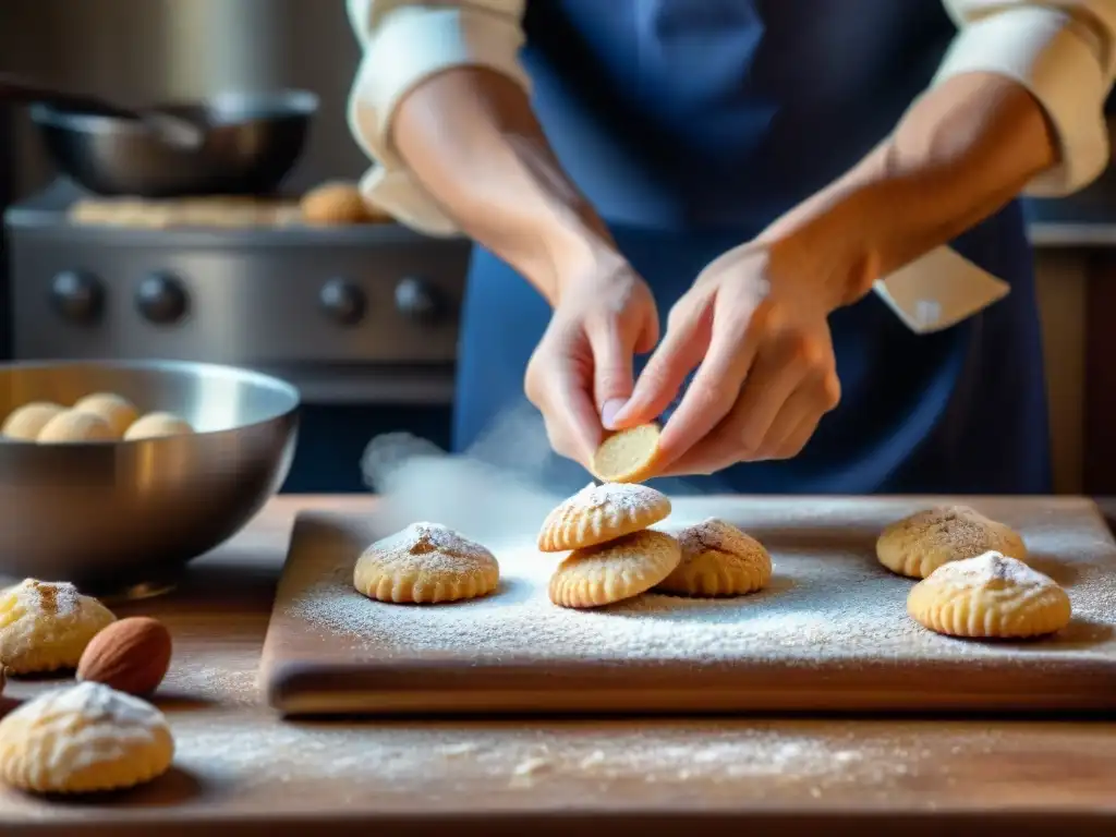 Un maestro pastelero italiano en su cocina tradicional formando amaretti a mano rodeado de utensilios vintage