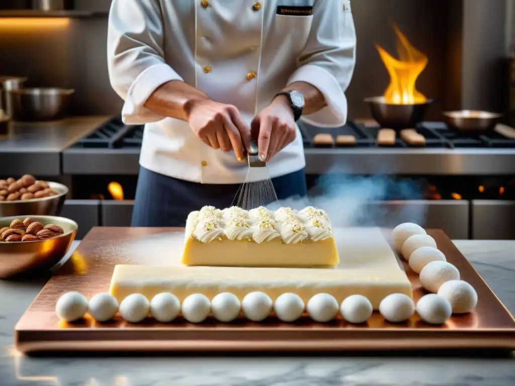 Un maestro pastelero italiano prepara torrone con maestría en una cocina tradicional