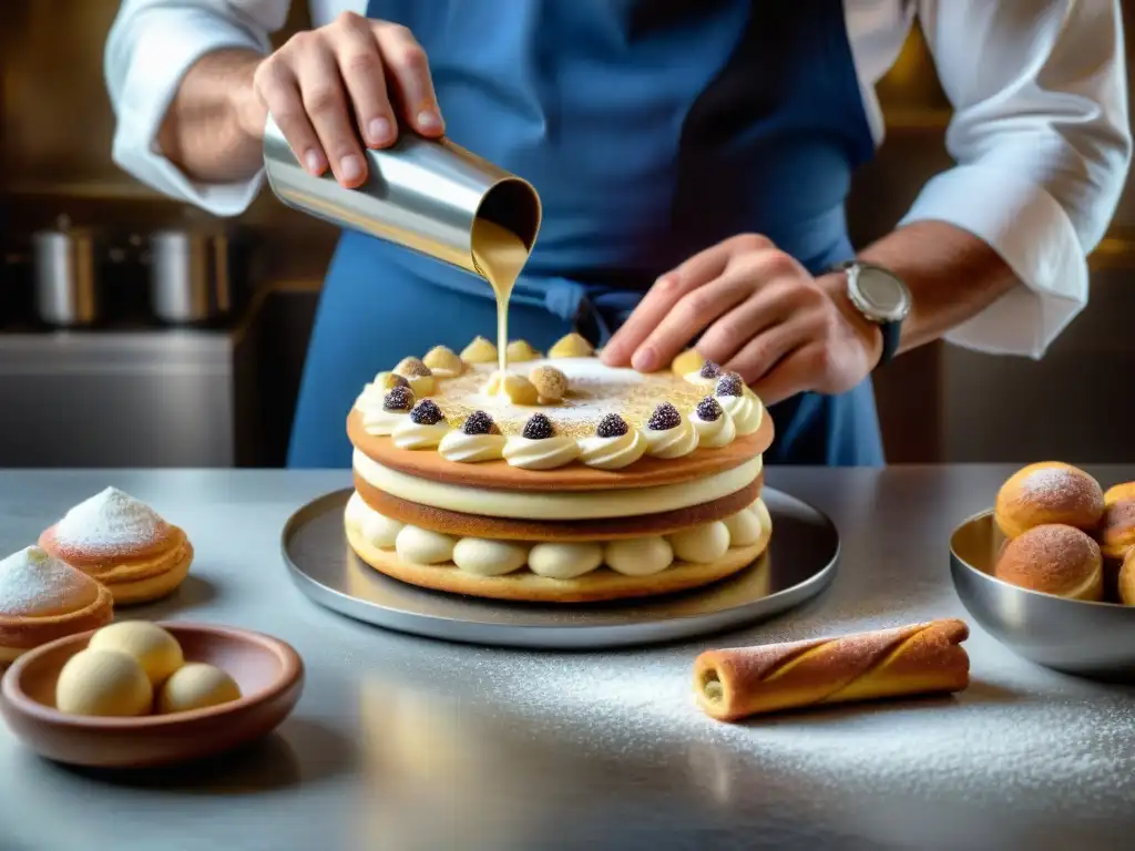 Un maestro pastelero italiano adorna un delicioso tiramisú rodeado de pasteles, evocando la tradición de los cursos de pastelería italiana