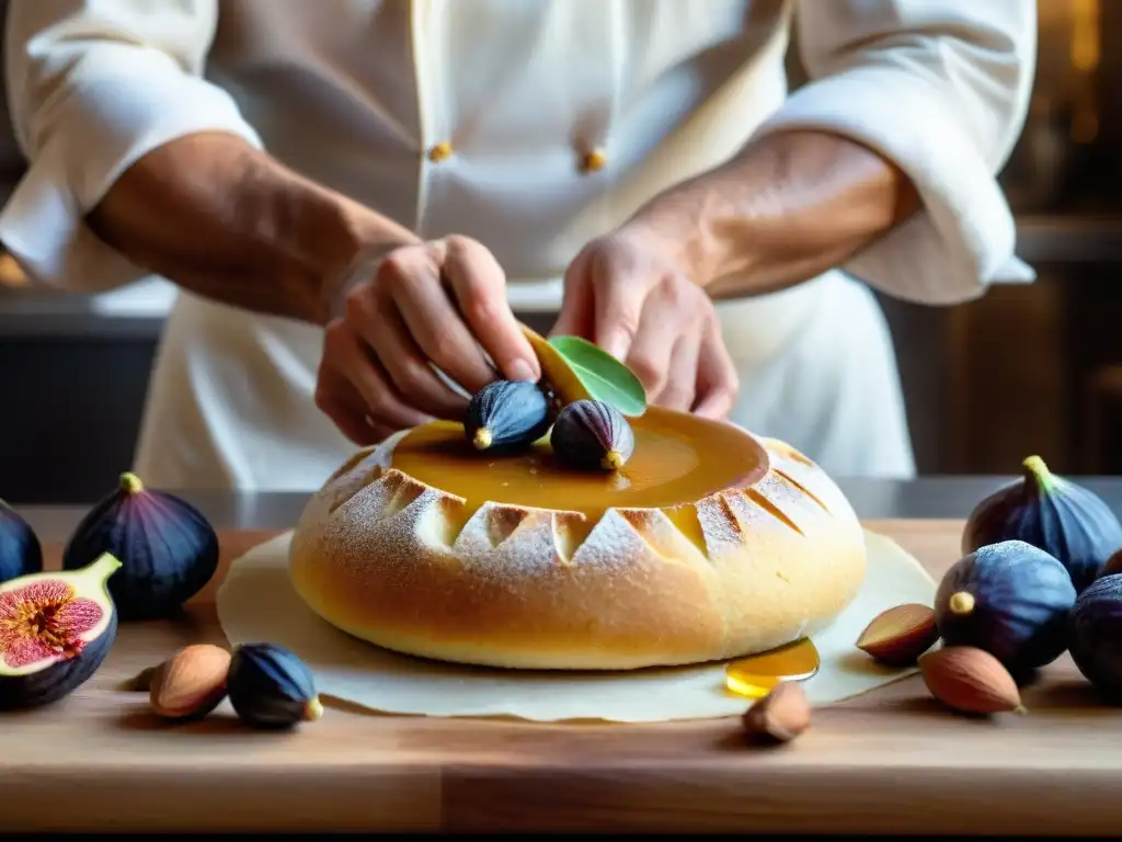 Maestro pastelero italiano elaborando con destreza la receta auténtica de pan de higo rodeado de higos frescos, almendras y miel