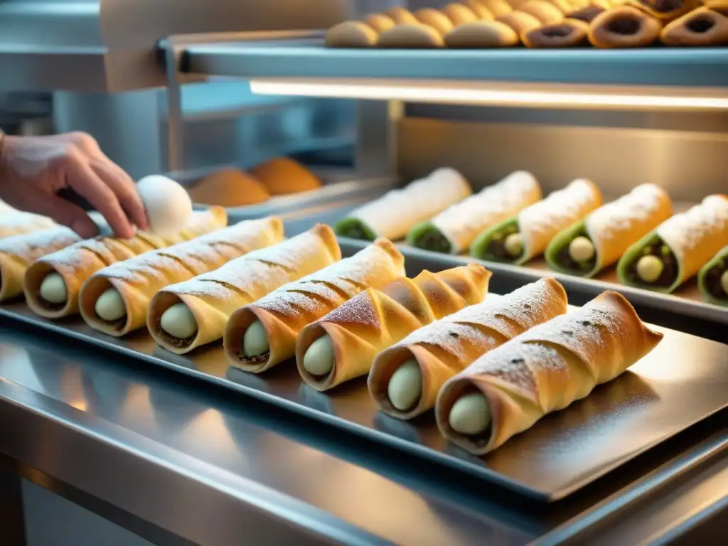 Maestro pastelero italiano moldea cannoli con destreza en bulliciosa panadería, reflejando técnicas centenarias de Innovaciones postres italianos