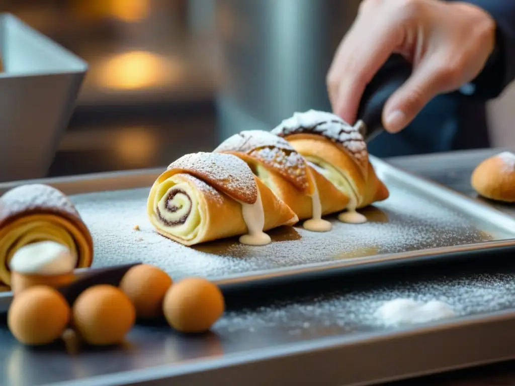 Un maestro pastelero italiano decora cannoli recién horneados en un festival de pastelería italiana