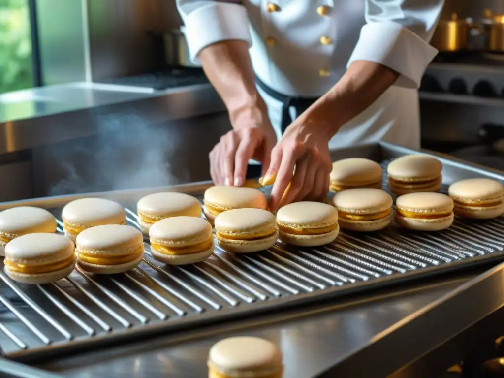 Un maestro pastelero italiano crea con maestría macarrones amaretti en una cocina rústica