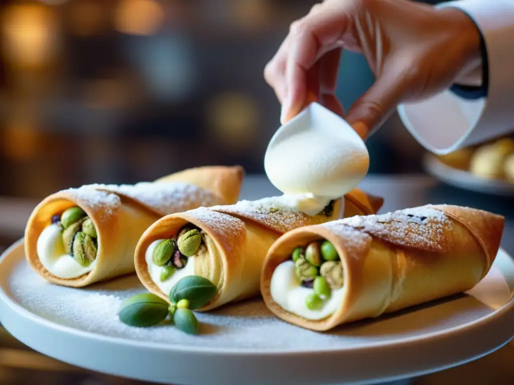 Maestro pastelero italiano elaborando cannoli en pastelería tradicional, con atención y precisión