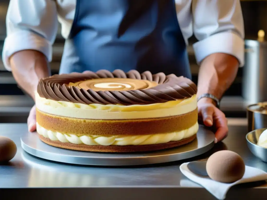 Un maestro pastelero italiano decorando con precisión un tiramisú, mostrando las técnicas de los cursos pastelería italiana tradicionales