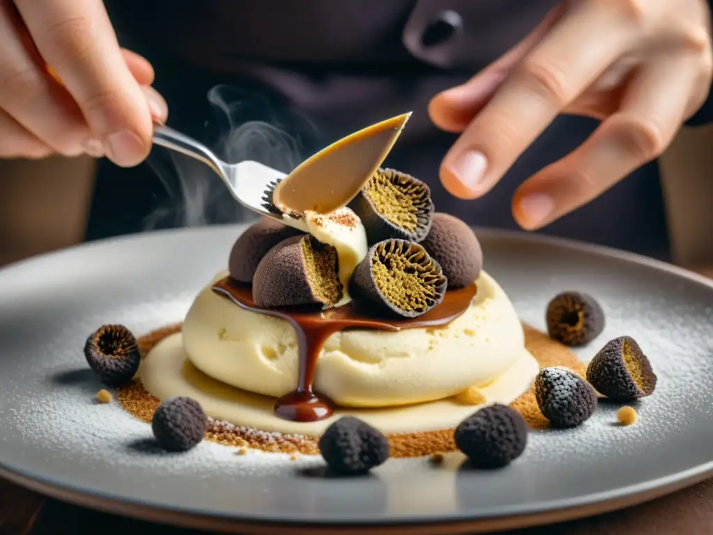 Un maestro pastelero italiano delicadamente rallando trufas negras frescas sobre un tiramisú decadente, fusionando sabores terrosos con la dulzura