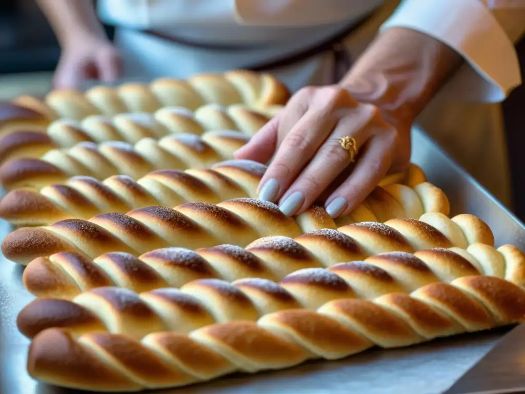 El maestro pastelero llena con precisión los ladyfingers en un festival de pastelería italiana