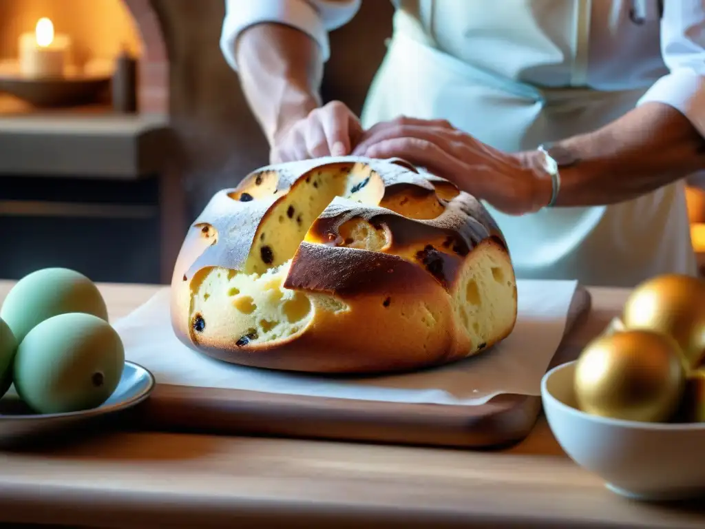 Maestro pastelero elaborando el mejor panettone artesanal 2022 en cocina rústica, con ingredientes frescos y cuidadosa atención a cada detalle