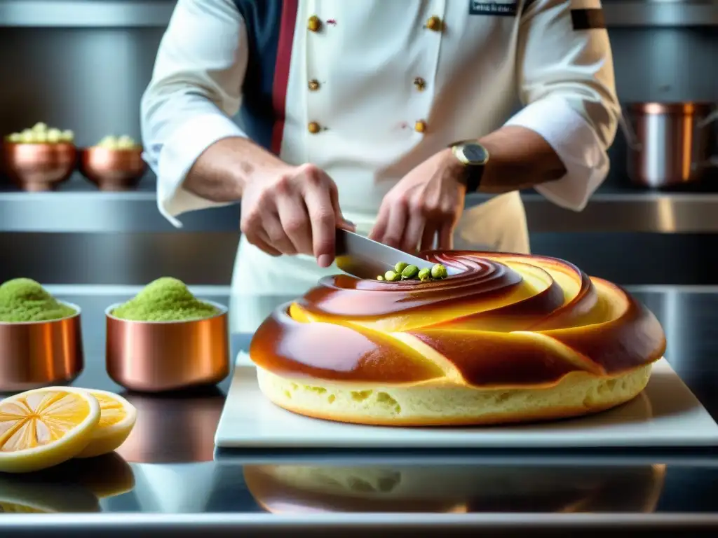 Un maestro pastelero crea un postre italiano innovador con capas delicadas y un glaseado brillante, en una cocina tradicional italiana