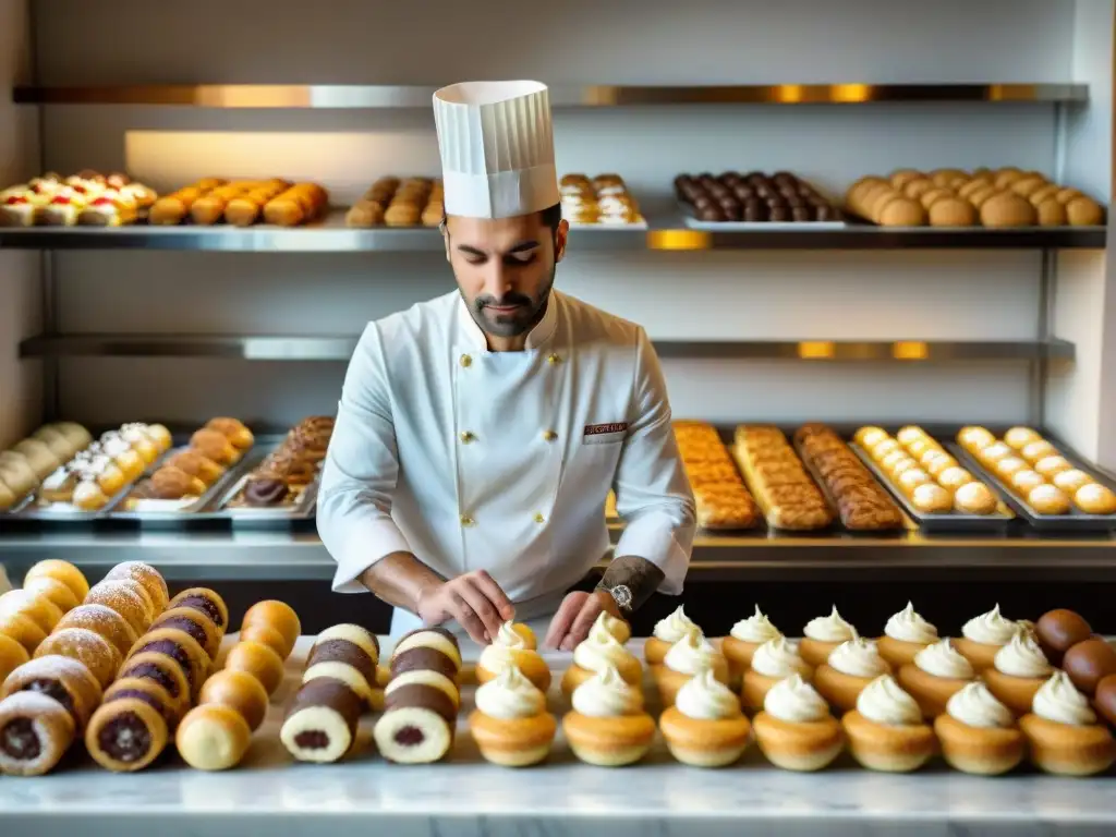 Un maestro pastelero elabora postres italianos tradicionales y modernos en una bulliciosa pastelería italiana