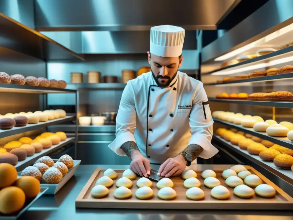 Un maestro pastelero crea postres italianos innovadores tradicionales con precisión y arte en una cocina contemporánea