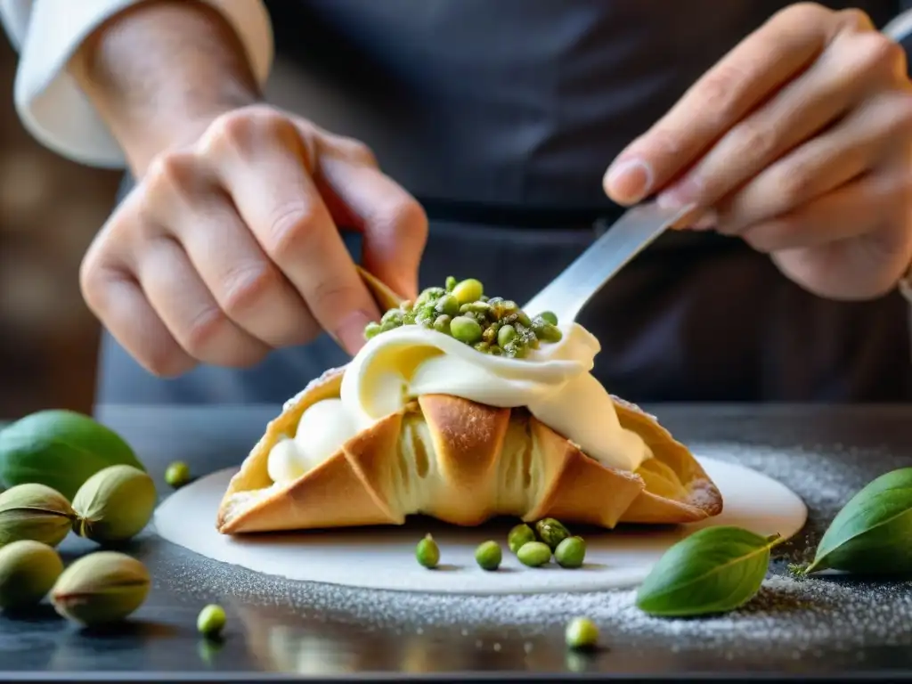 Un maestro pastelero siciliano rellena un cannoli con ricotta, mostrando la tradicional receta de Cannoli siciliano receta tradicional