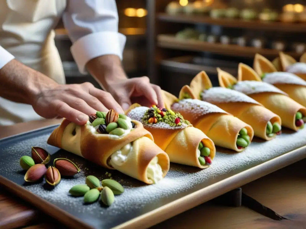 Un maestro pastelero siciliano elaborando un cannoli tradicional, rodeado de frutas confitadas y pistachos