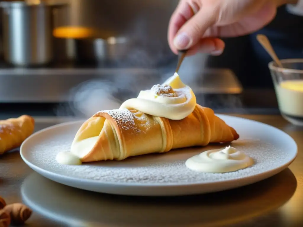 Un maestro pastelero siciliano rellena un cannoli con ricotta, mostrando la tradición y arte de hacer Cannoli siciliano en casa