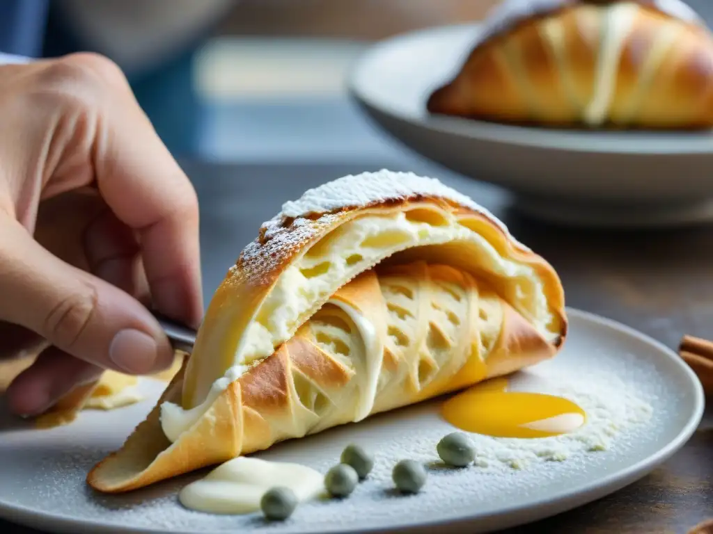 Un maestro pastelero siciliano rellena expertamente un cannoli dorado y crujiente con ricotta cremosa, en una bulliciosa calle siciliana