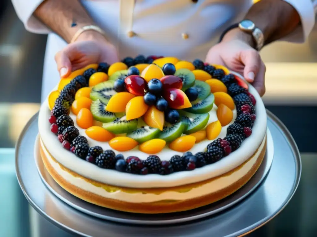 Un maestro pastelero siciliano experto en Cassata Siciliana receta tradicional, decorando con precisión frutas confitadas sobre ricota cremosa