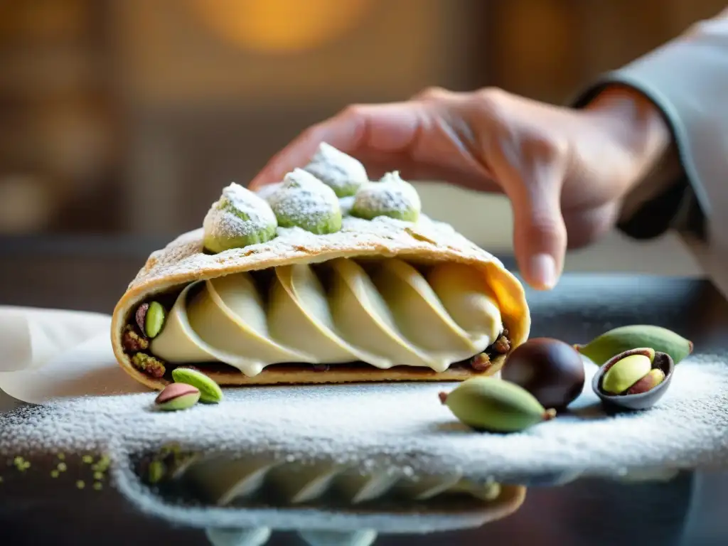 Un maestro pastelero siciliano preparando un exquisito cannoli siciliano receta tradicional en una panadería vintage