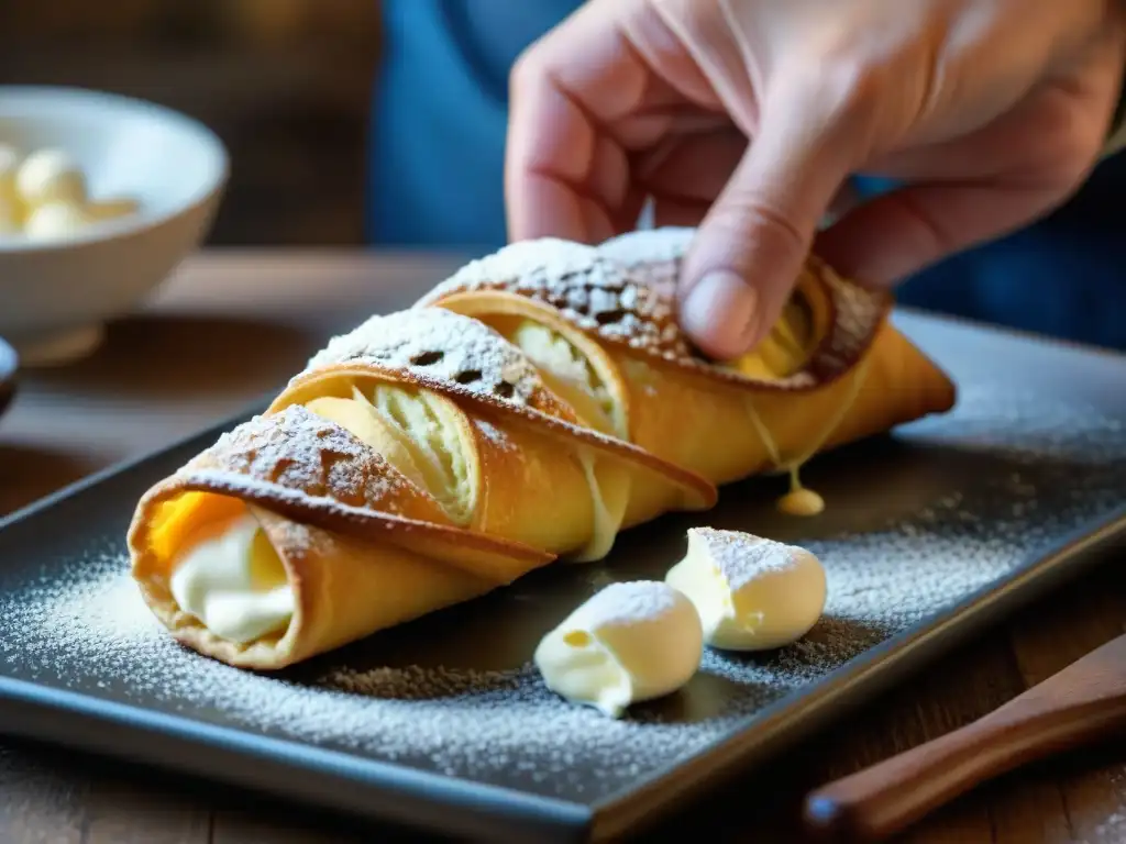 Un maestro pastelero siciliano rellena cannoli dorados con ricota, en una cocina rústica