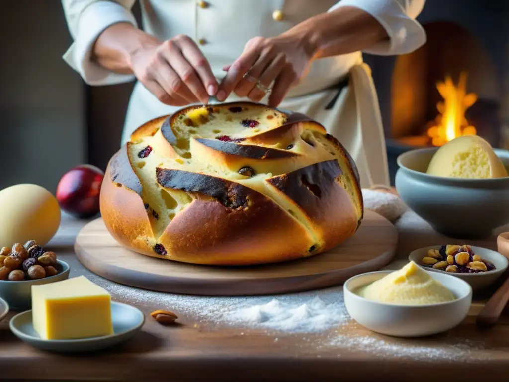 Un maestro pastelero crea un tradicional panettone italiano en una cocina rústica