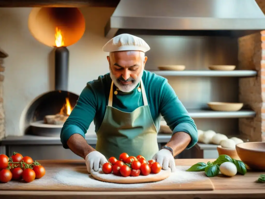 Un maestro de la pizza napolitana en una cocina rústica italiana, creando una obra de arte culinaria