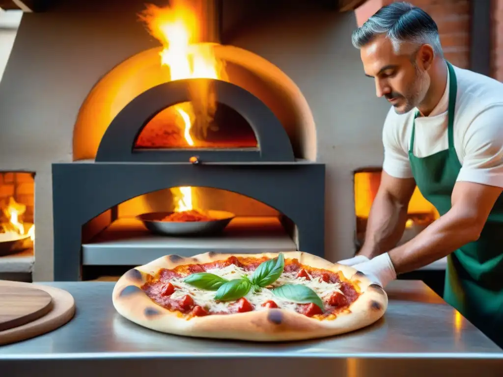 Un maestro pizzaiolo prepara con destreza una pizza en una pizzería italiana tradicional, rodeado de ingredientes frescos y herramientas vintage