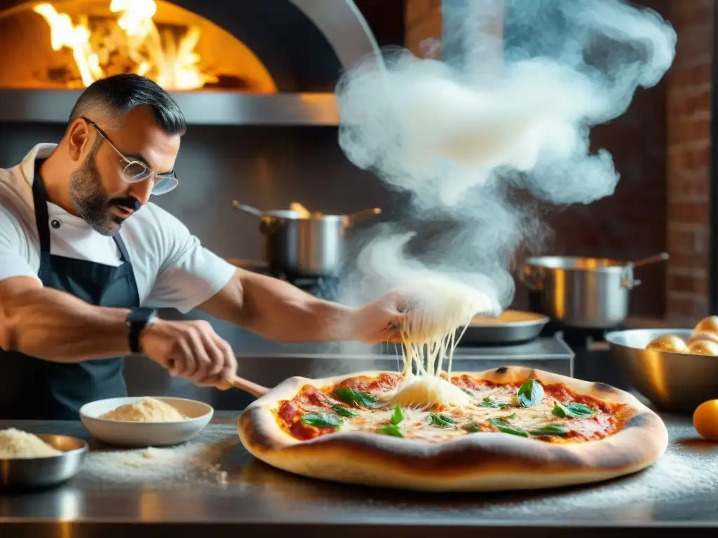 Un maestro pizzaiolo experto en técnicas secretas de lanzamiento de masa, en una cocina de pizzería llena de ingredientes