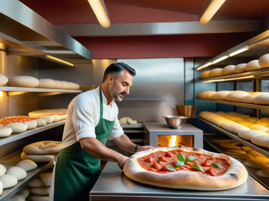 Un maestro pizzaiolo en una pizzería napolitana tradicional en Italia, creando magia con la masa en el aire