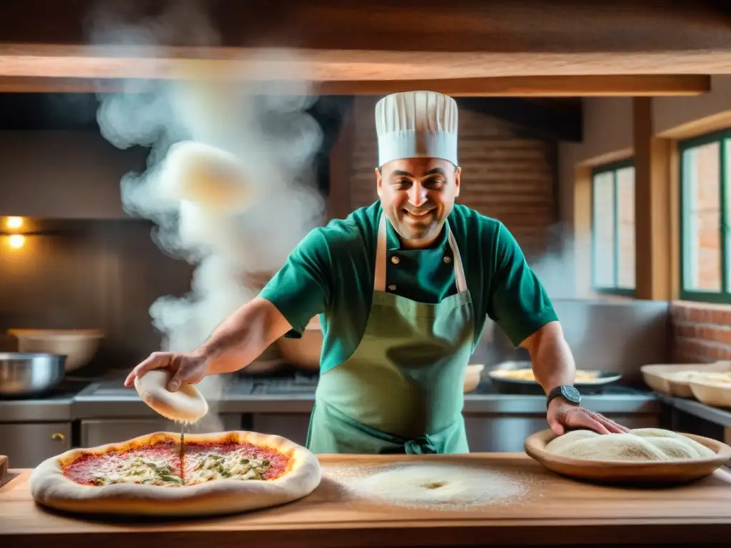 Un maestro pizzero en una cocina italiana, hábilmente lanzando la masa de pizza al aire con pasión y destreza