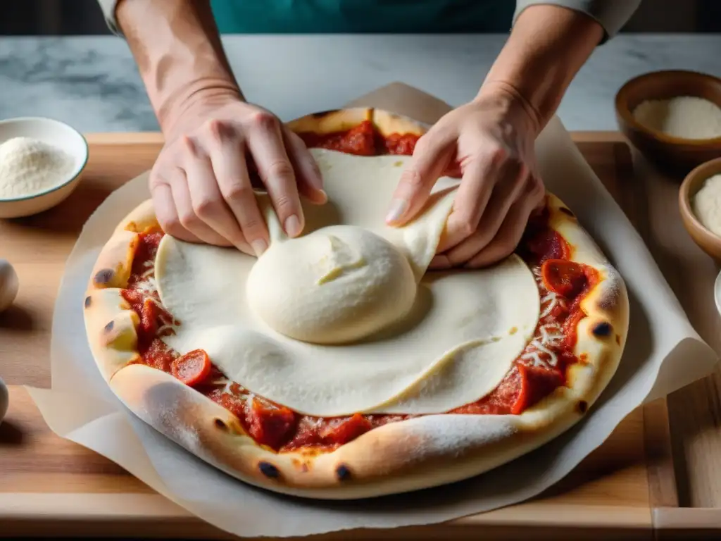 Un maestro pizzero estira con destreza la masa sobre una tabla de madera enharinada