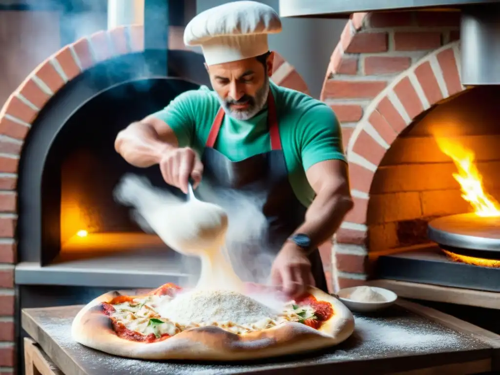 Maestro pizzero experto en cocina italiana haciendo malabares con masa de pizza, horno de leña al fondo