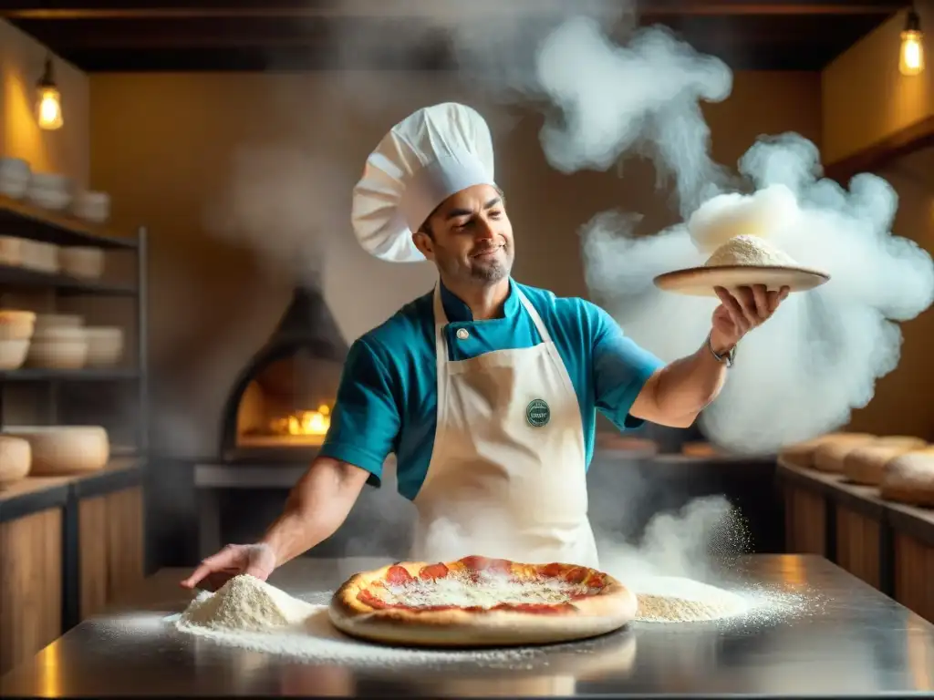 Maestro pizzero experto lanzando masa al aire en pizzería tradicional