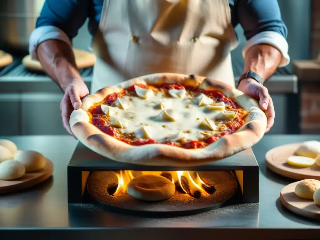 Un maestro pizzero experto en técnicas avanzadas horneando pizza a la leña, dando forma al aire la masa con destreza