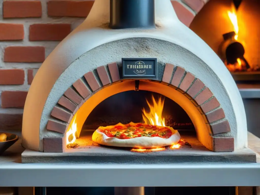 Un maestro pizzero en un horno de leña tradicional italiano, preparando una pizza con ingredientes mediterráneos