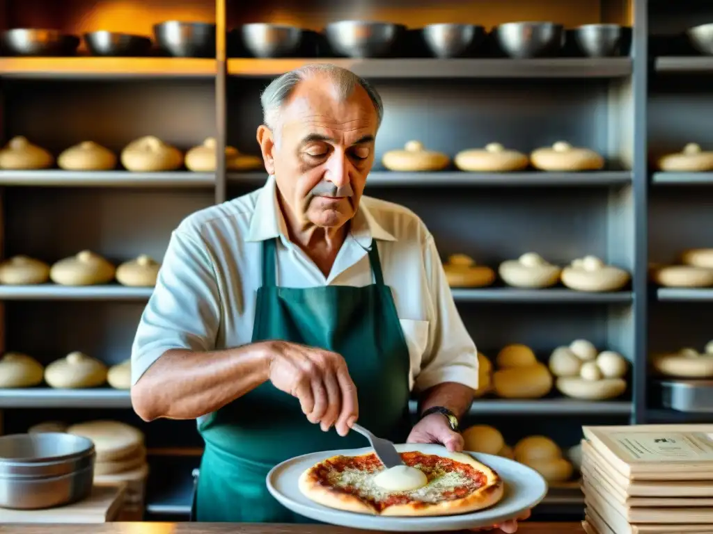 Maestro pizzero italiano anciano estirando masa en pizzería tradicional, rodeado de historia pizza napolitana tradición