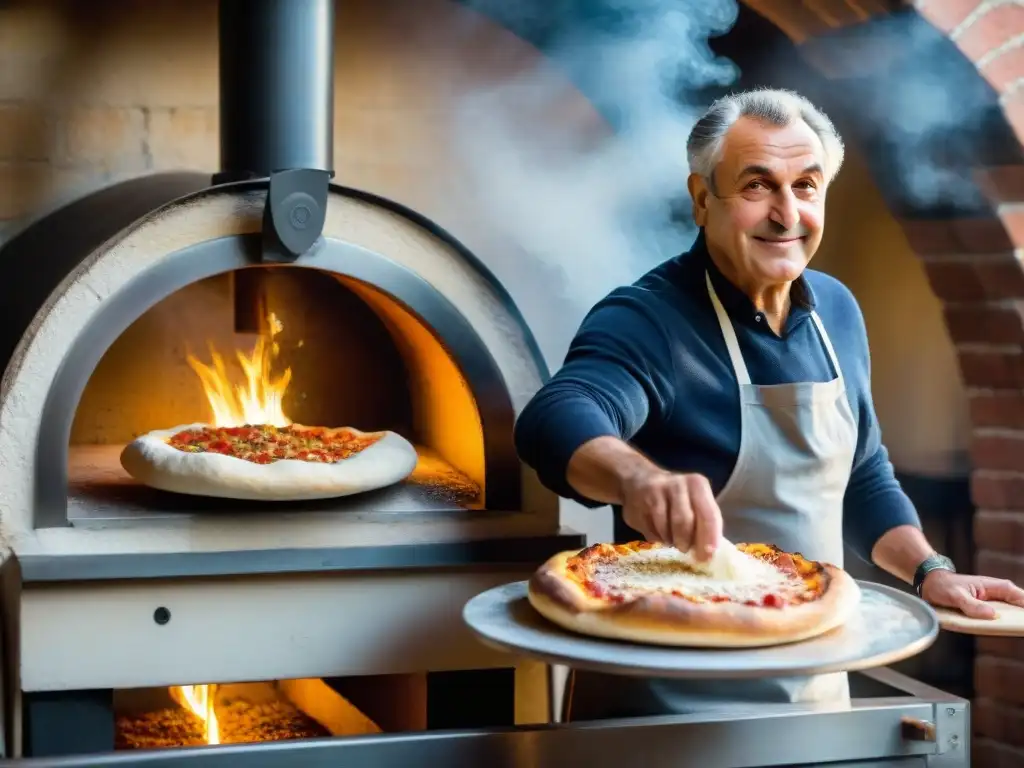 Maestro pizzero italiano experto en acción frente a horno de leña