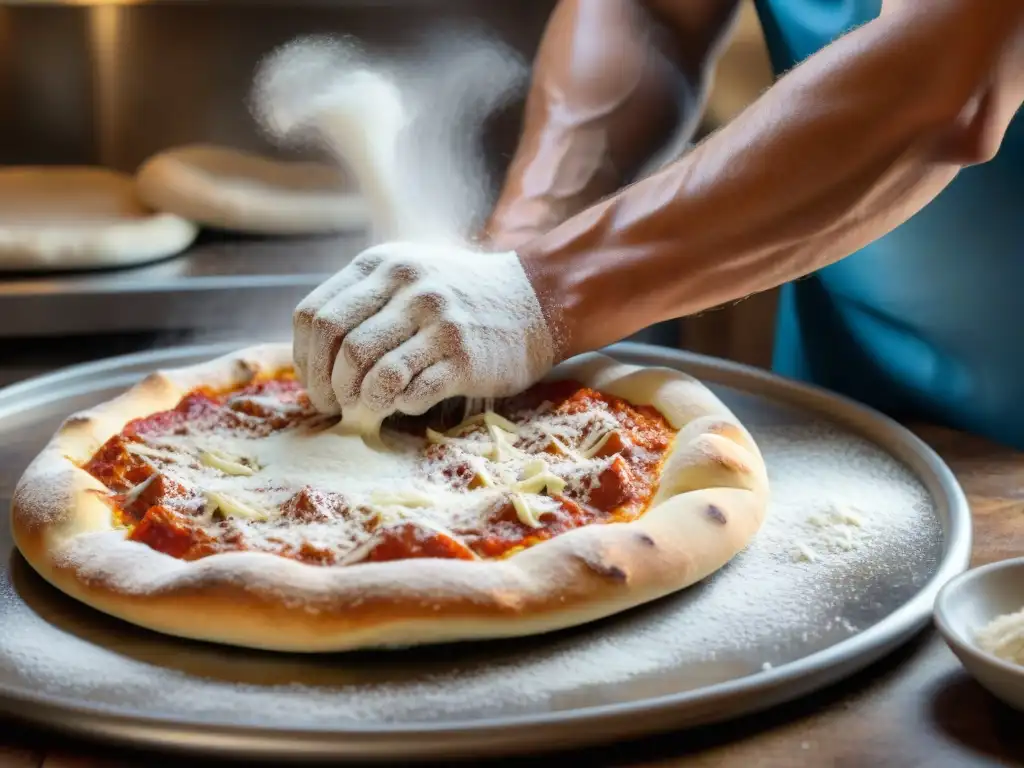 Un maestro pizzero italiano experto estirando la masa con precisión en una cocina bulliciosa