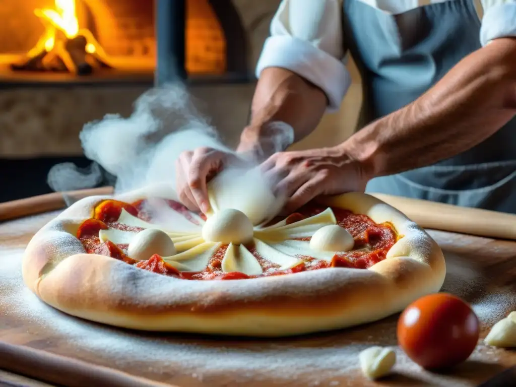 Un maestro pizzero italiano experto en estirar masa de pizza, mostrando la precisión y arte en la elaboración de recetas tradicionales chefs italia