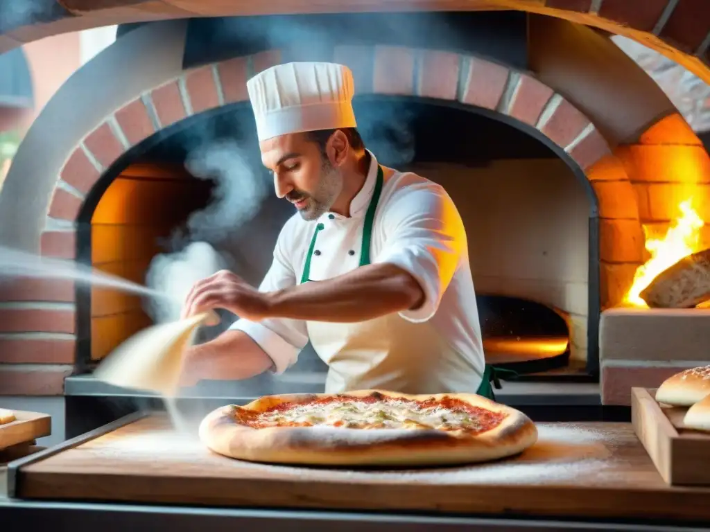 Maestro pizzero italiano experto en acción, creando la pizza perfecta con destreza y pasión frente al horno de leña