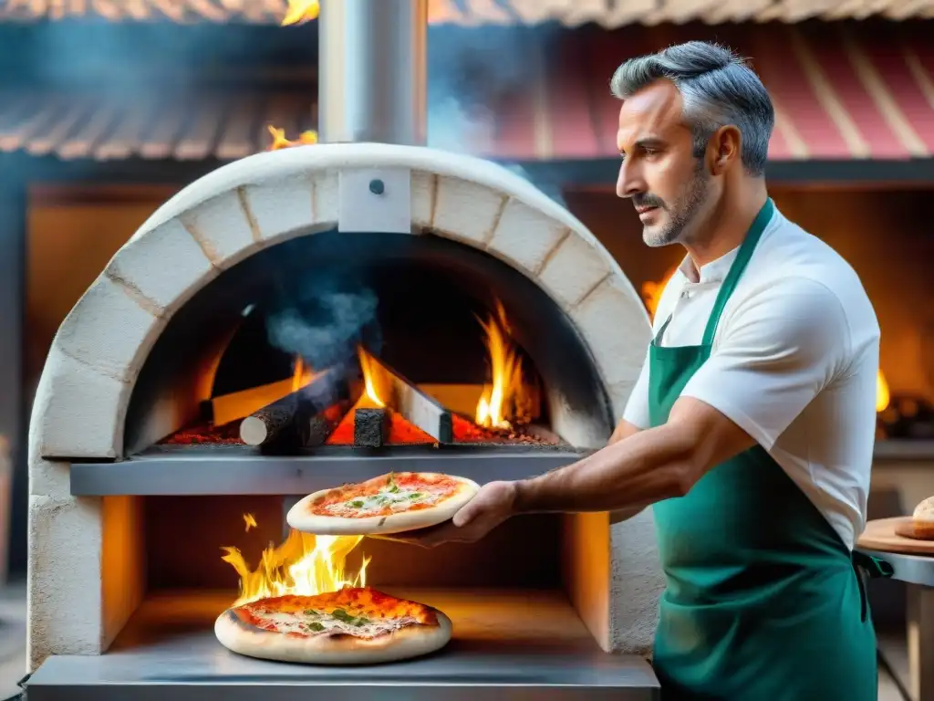 El maestro pizzero italiano transforma la pizza en gastronomía, creando una escena hipnotizante con horno de leña y llamas