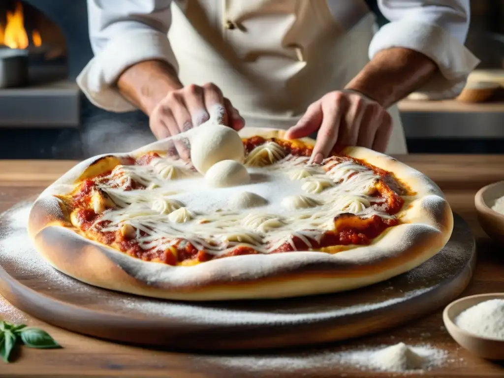 Un maestro pizzero moldea masa madre en pizza tradicional con destreza, creando una base perfecta en una atmósfera cálida y acogedora