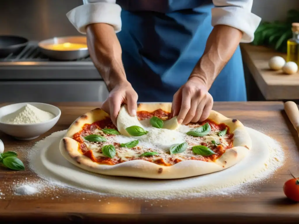 Un maestro pizzero estira delicadamente la masa de pizza al taglio romana, destacando las técnicas tradicionales y el arte culinario