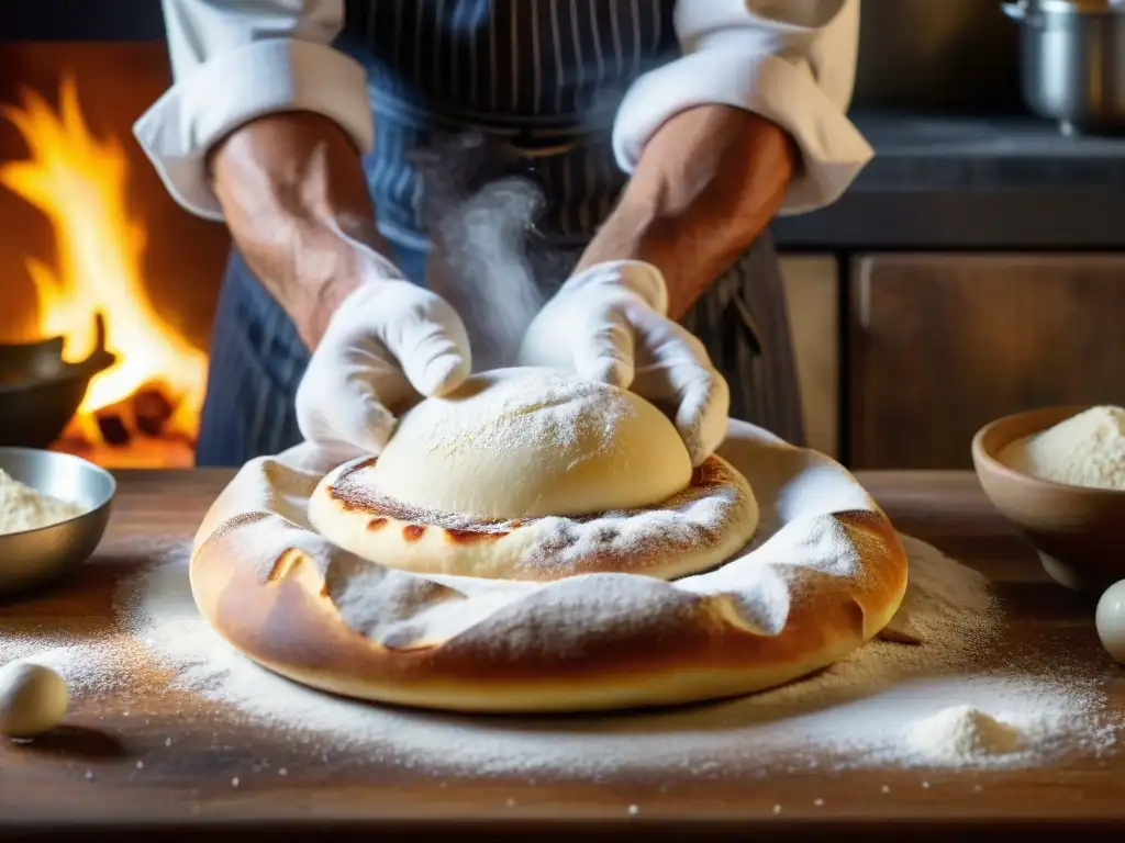 Un maestro pizzero moldea la masa con técnicas avanzadas en una cocina italiana tradicional, con horno de leña al fondo