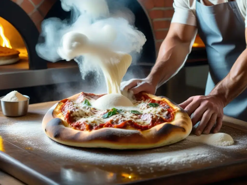 Un maestro pizzero napolitano experto estirando masa con trucos de chef para la pizza perfecta