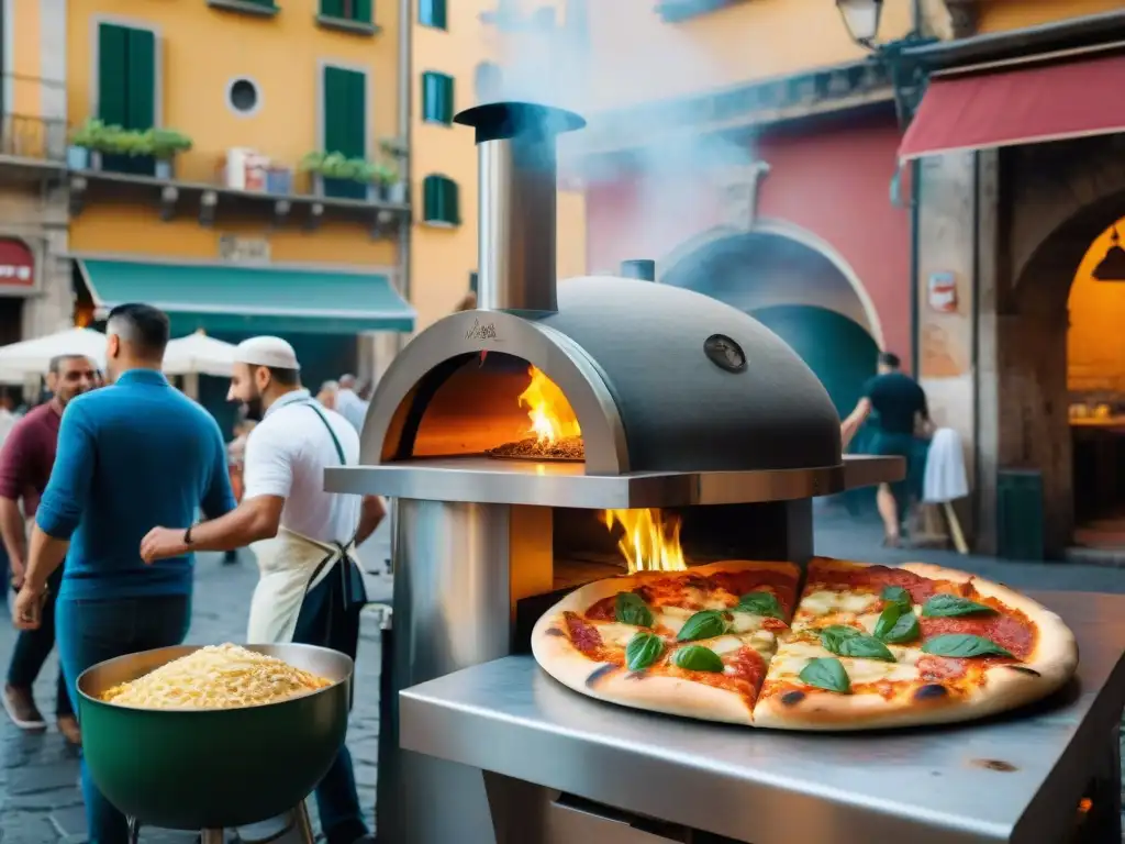 Un maestro pizzero en Nápoles, Italia, preparando pizza en horno de leña en la calle