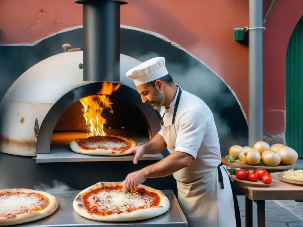 Un maestro pizzero en Nápoles, Italia, preparando pizza en horno de leña