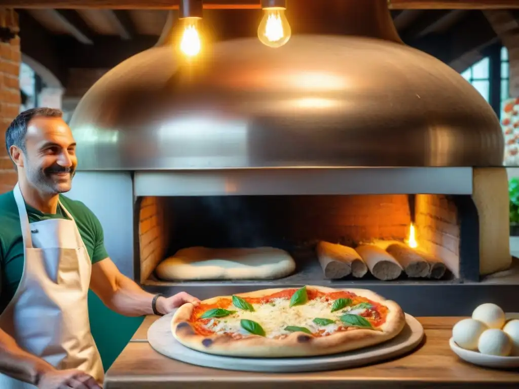 Un maestro pizzero en una pizzería italiana tradicional, creando pizzas veganas sin gluten en un ambiente acogedor y auténtico en Italia